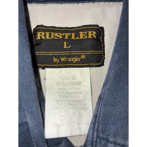 Rustler by Wrangler L Two Tone Western Shirt Blue Cream Panel Button Up Vintage - Picture 3 of 4